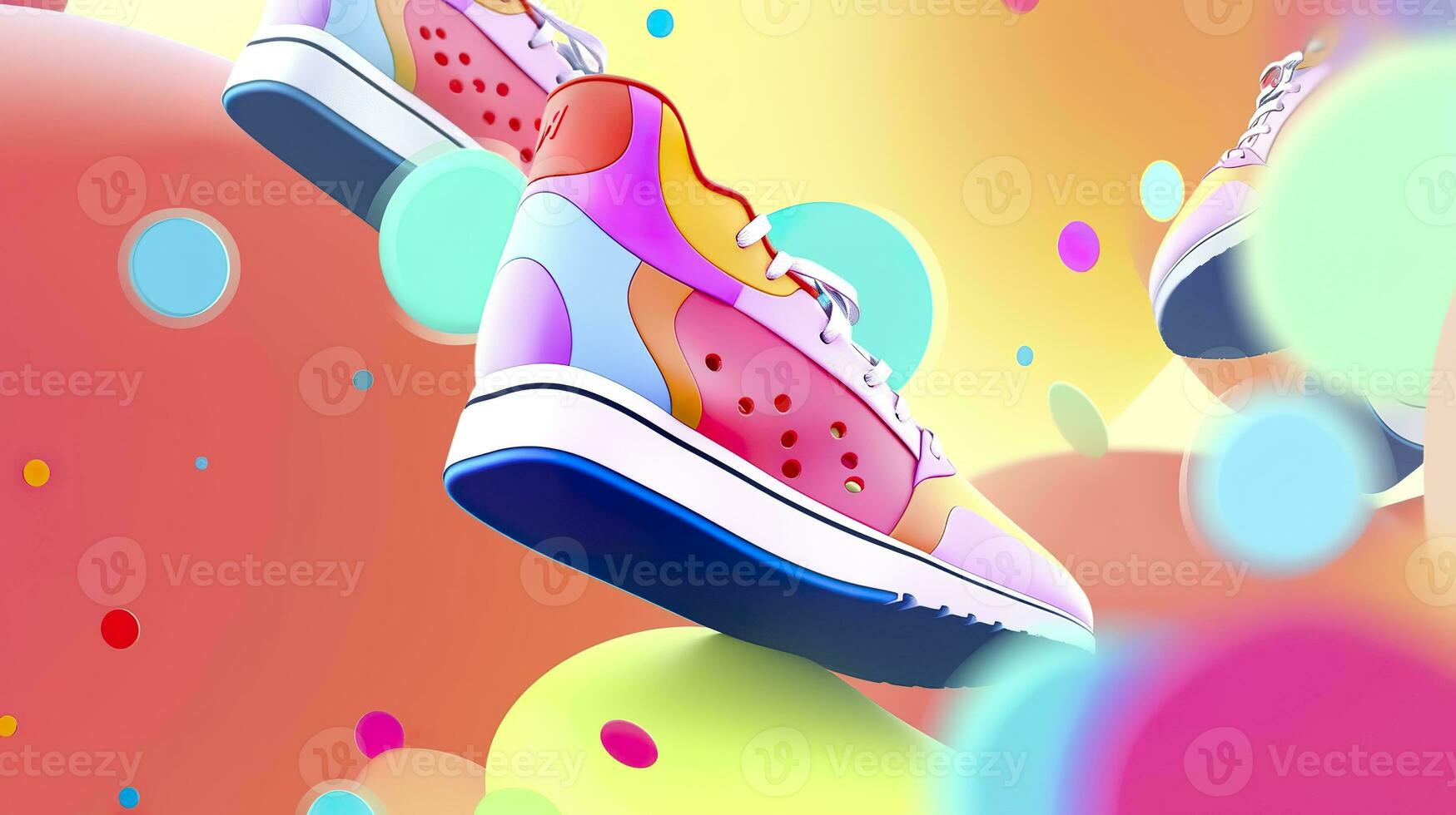 AI generated Flying trendy sneakers on creative colorful background, Stylish fashionable concept. AI Generated photo