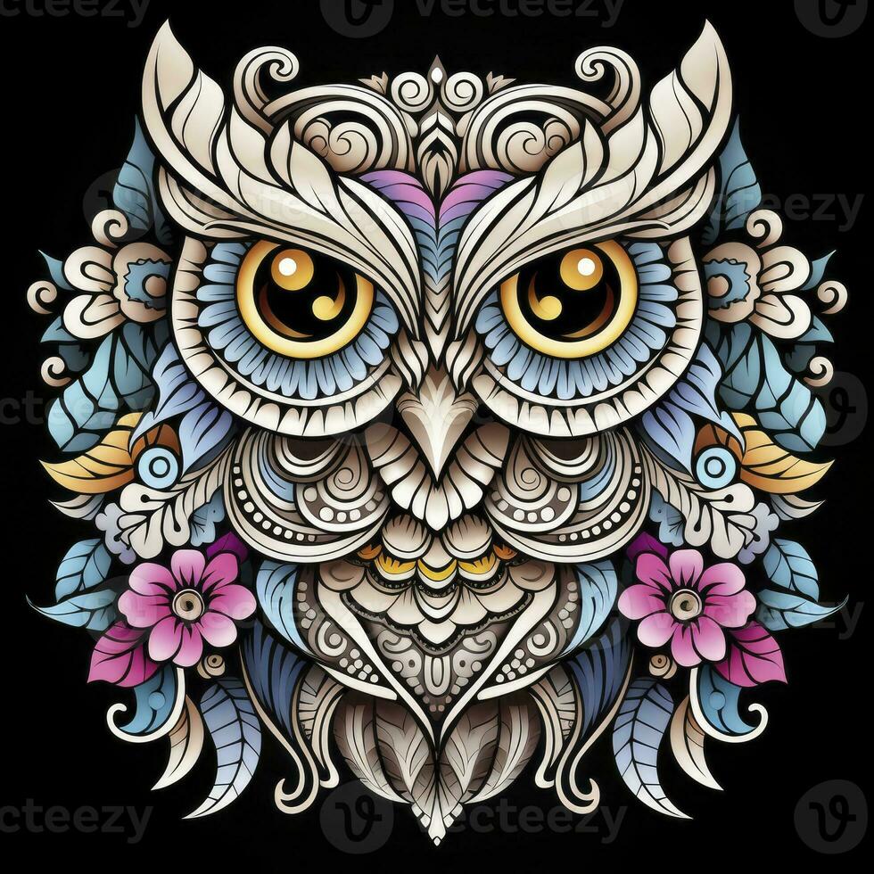 AI generated Multicolored mandala owl coloring page for adults. AI Generated photo