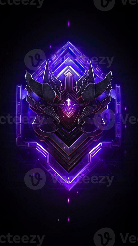 AI generated Amethyst 3D Minimalist Shield Design with a black or dark background with neon lines. AI Generative photo