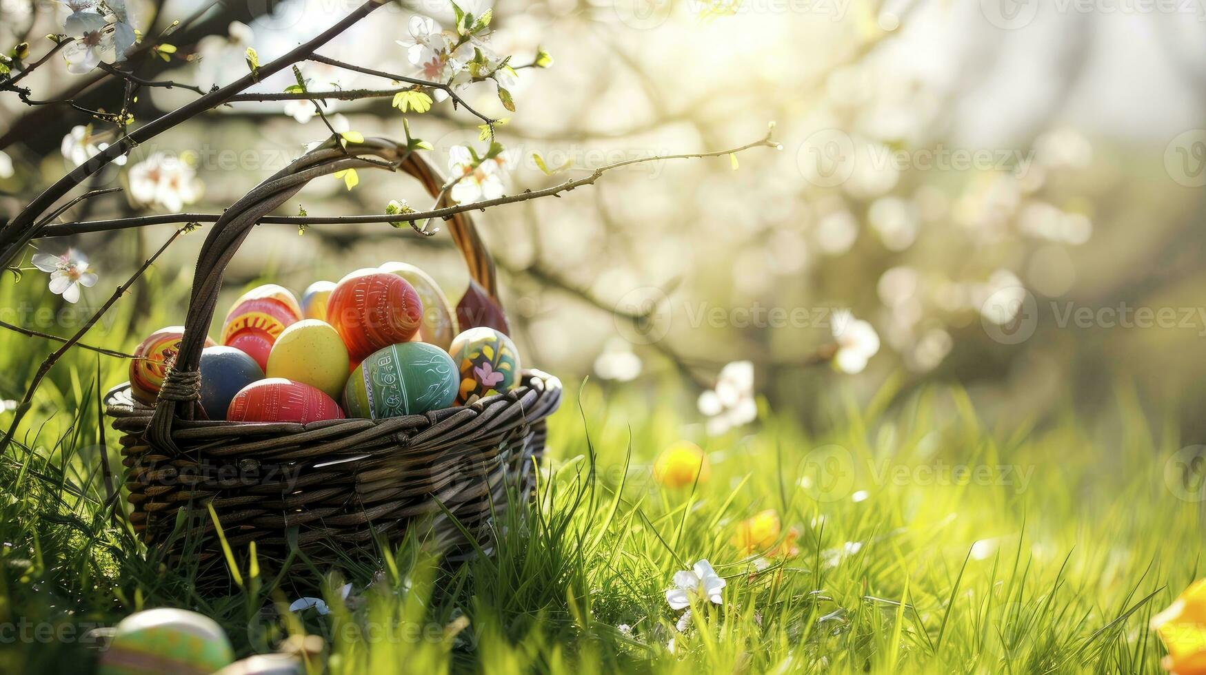 AI generated Easter Painted Eggs In Basket On Grass In Sunny Orchard photo