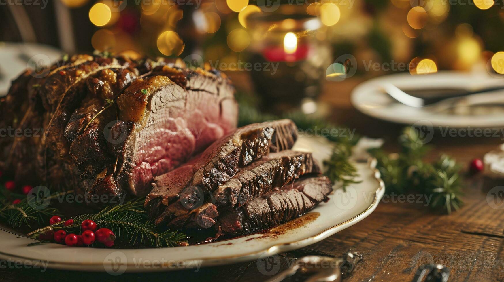 AI generated Christmas prime rib beef fillet roasted closeup, Xmas menu on table photo