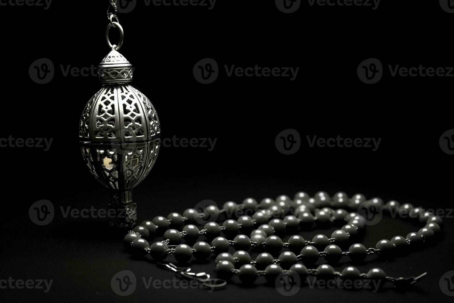 AI generated Black and white Arabic lantern glowing for Muslim holy month Ramadan Kareem photo