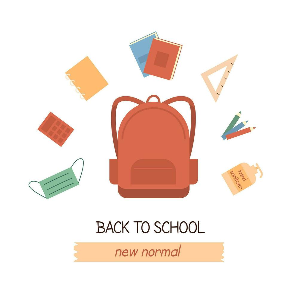 New normal concept for back to school. Student backpack with stationery, notepad, books, pencil, face mask and hand sanitizer. Flat vector illustration isolated on white.