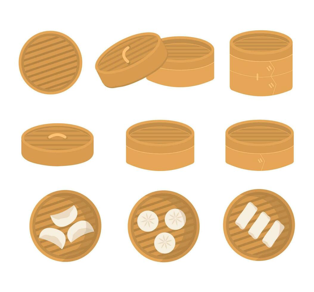 Set of Chinese bamboo steamer in different angle. Serving of dimsum dumplings, gyoza. Flat vector cartoon illustration.