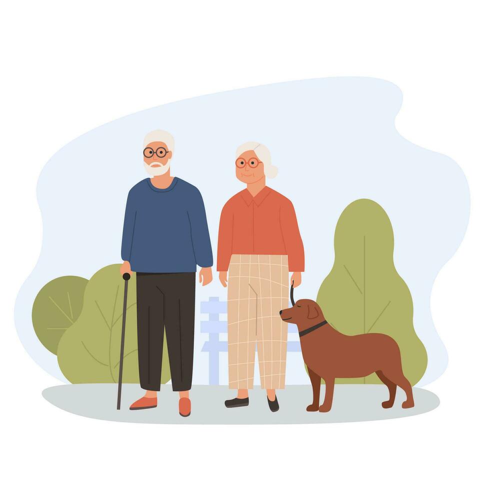 Elderly people walking with dog. Old couple with pet. Modern grandparents outside in the park. Flat vector illustration. Concept of outdoor activity for aged retired pensioner.