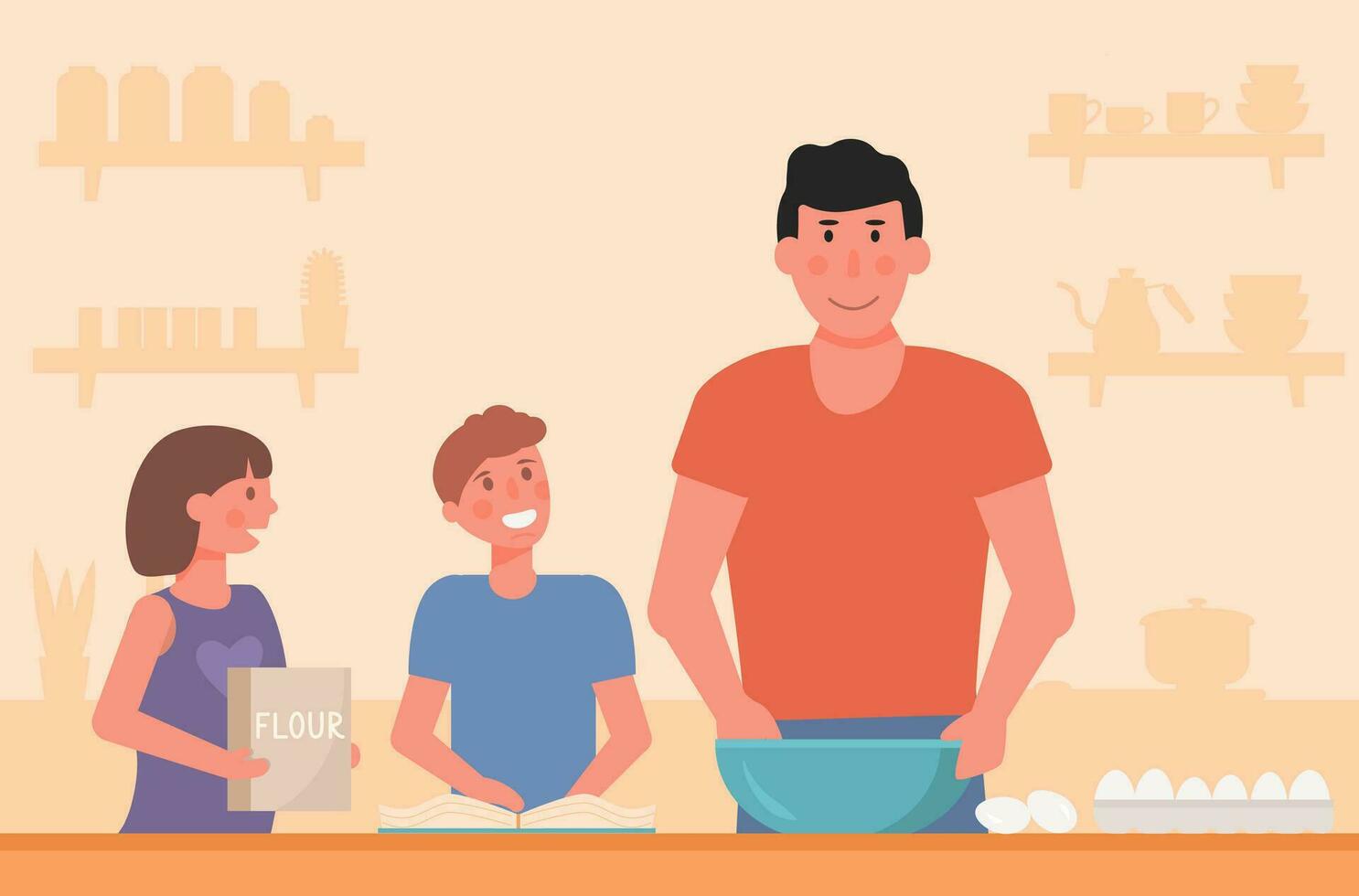 TEMPLATEConcept of cooking together with kids. Father baking with son and daughter. Children helping parents with home chores. Scene on kitchen. Flat vector cartoon illustration.