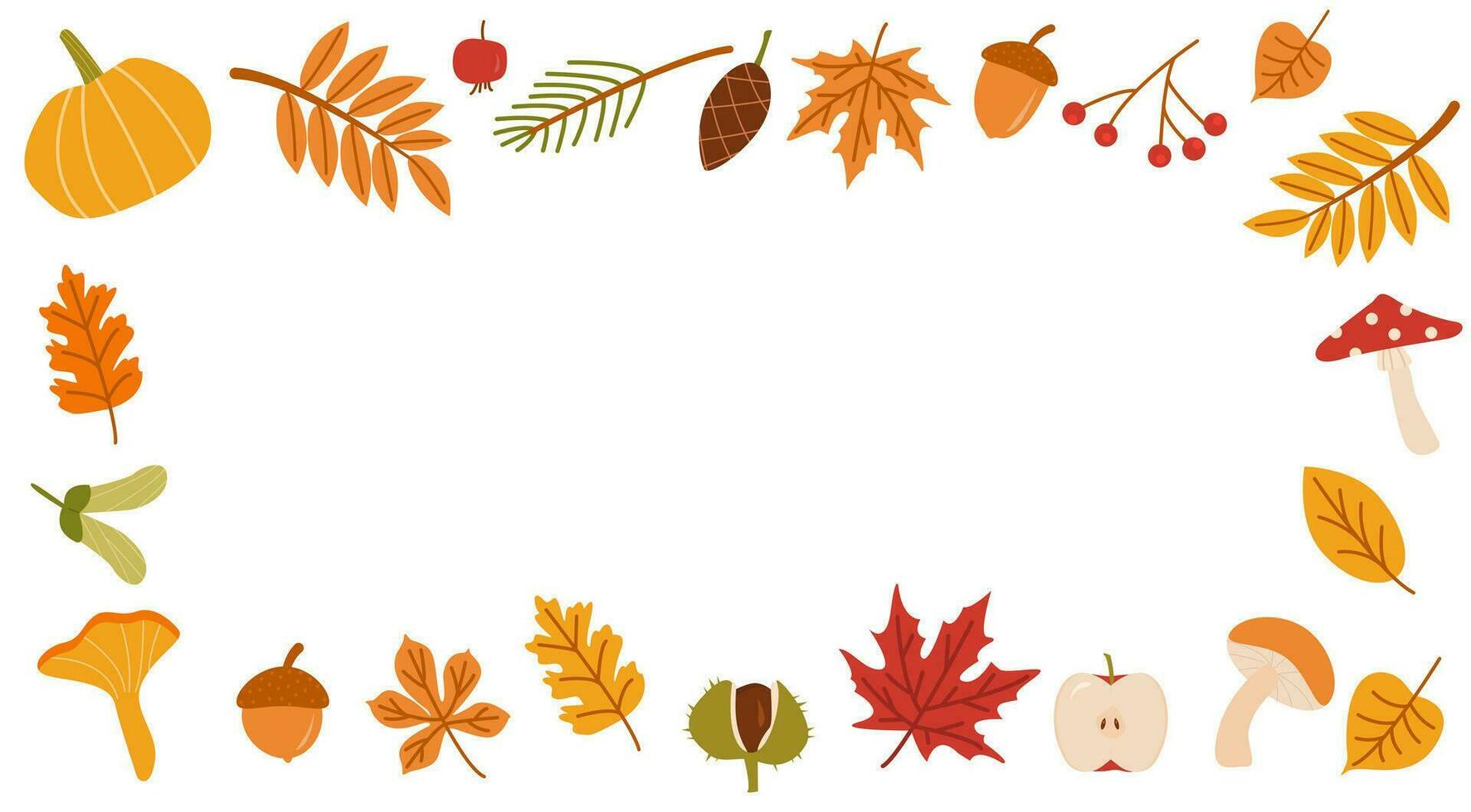 Autumn forest flora flat vector illustration. Decorative fall themed background botanical concept. Seasonal nature banner design. Various colorful tree leaves, branches, wild mushrooms and fruits.