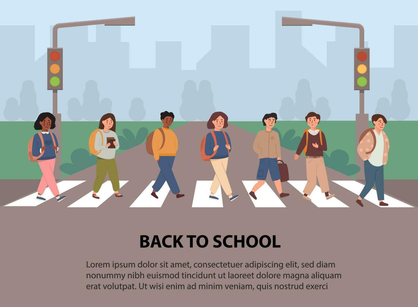 Children crossing street along crosswalk. Kids going back to school concept. School pupil walking across pedestrian crossing. Road safety rules for kids, educational flyer with place for text. Vector. vector