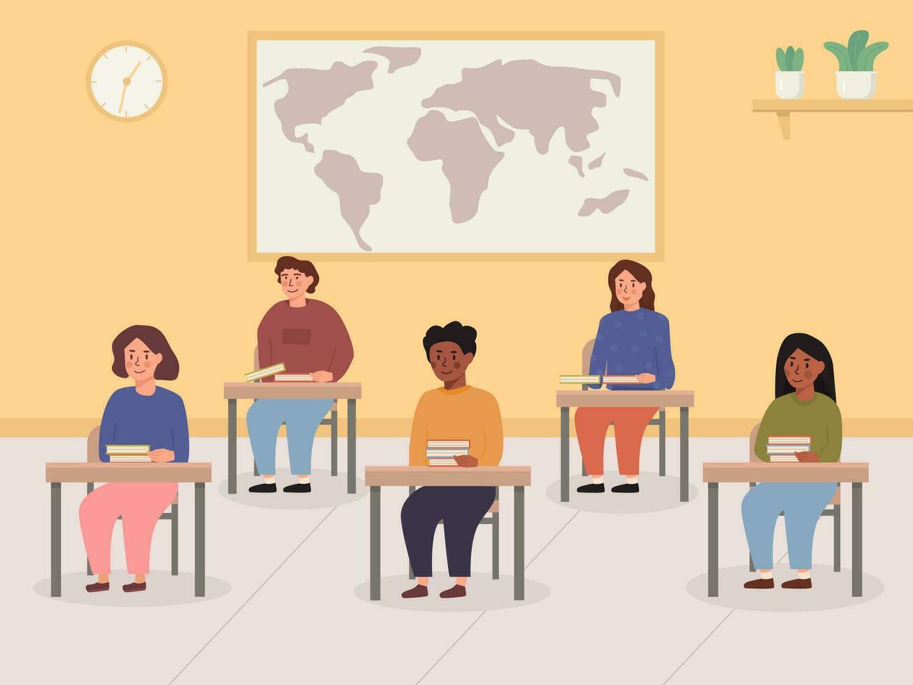 Kids sitting at their desk with books in classroom with world map and clock on the wall. Interior of lecture room with mix race mix ethnic school pupils. Concept back to school. Vector illustration.