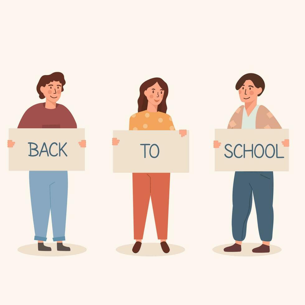 Back to school concept, caucasian children - schoolboys and schoolgirls standing together holding placard with caption. Kids or trendy teenagers in flat cartoon style with banners. Vector illustration