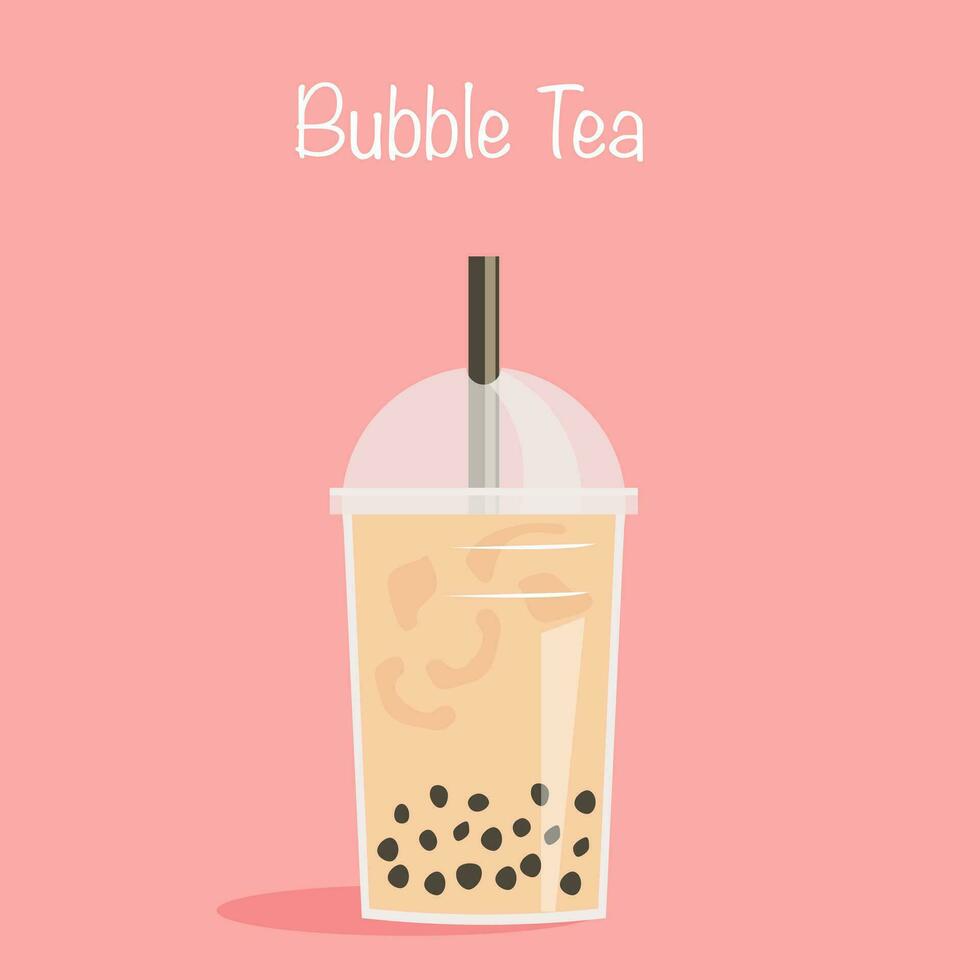 Take away glass of pearl milk tea with straw. A cup of famous Taiwanese bubble tea on pink background with caption. Vector illustration for street asian drinks at night market. Tapioca tea.