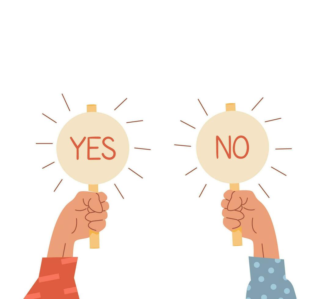 Two raised up arms holding signs with Yes and No caption. Choice concept. Vote icons. Businessman hand holding plates with positive and negative sign. Select true or false. Vector illustration.