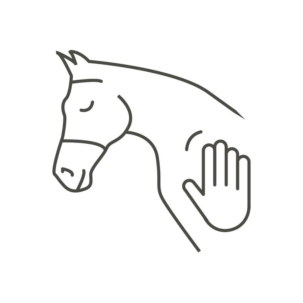 Icon of horse head and human hand touch. Concept for hippotherapy, horse therapy or healing. Physiotherapy for horses. Natural horsemanship. Equine Acupuncture. Vector illustration isolated on white.