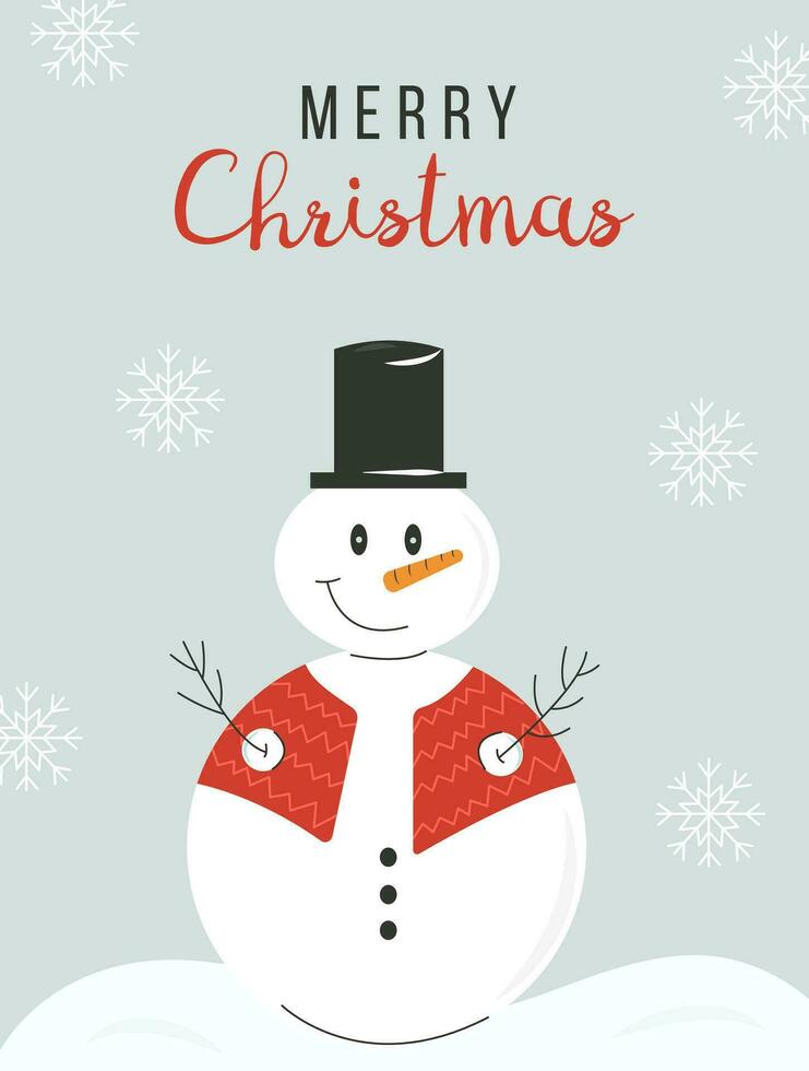 Winter holidays or Christmas greeting card or postcard with dressed snowman with hat and carrot and snowflakes. Xmas winter holiday scene. Vector illustration.
