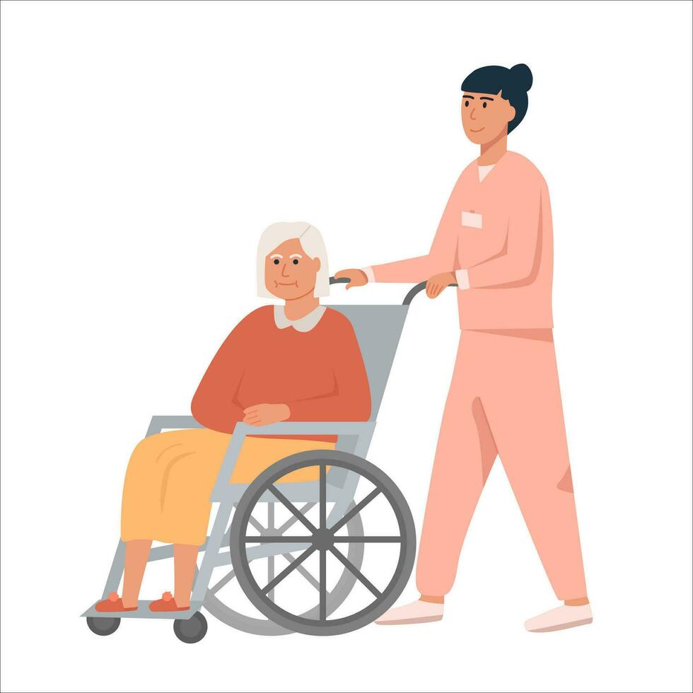 hembra enfermero con antiguo mujer en silla de ruedas. abuela sentado en silla de ruedas. retirado mayor mayor mujer desactivado. concepto para asistido vivo o enfermería hogar. plano vector ilustración en blanco.