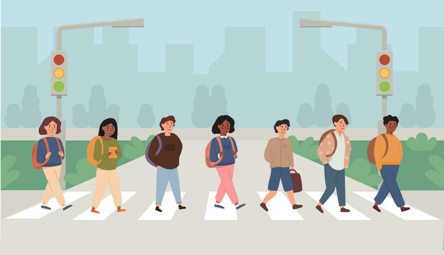 Mix race, multi ethnic children crossing street along crosswalk. School pupil walking across pedestrian crossing. Road safety rules for kids, educational illustration. Vector flat.