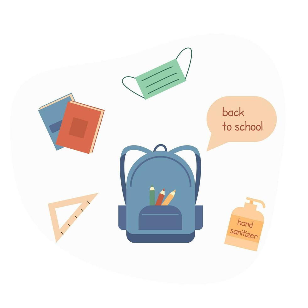 concepto para espalda a colegio después pandemia. estudiante mochila con papelería, libros, lápiz, cara máscara y mano desinfectante plano vector ilustración aislado en blanco.