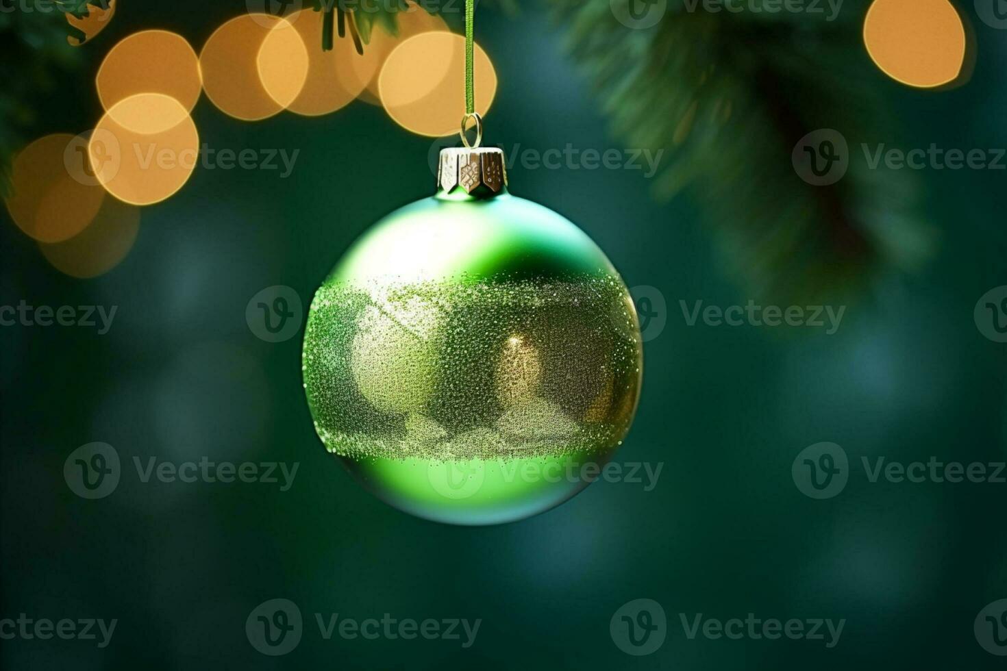 ai generado un cerca arriba de un Navidad árbol con adornos colgando desde es ramas y un borroso antecedentes foto