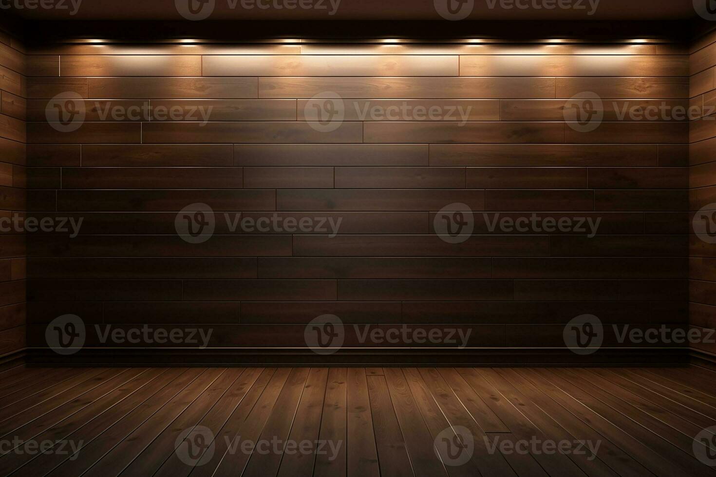 AI generated 3d rendered empty wooden room with lights and copy space photo