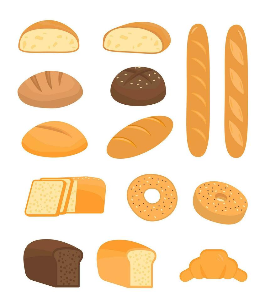 Set of cartoon baking pastry products for bakery menu, recipe book. French baguette, rye bread, whole wheat loaf, bagel, croissant, toast, sourdough, ciabatta, whole grain. Vector flat illustration.