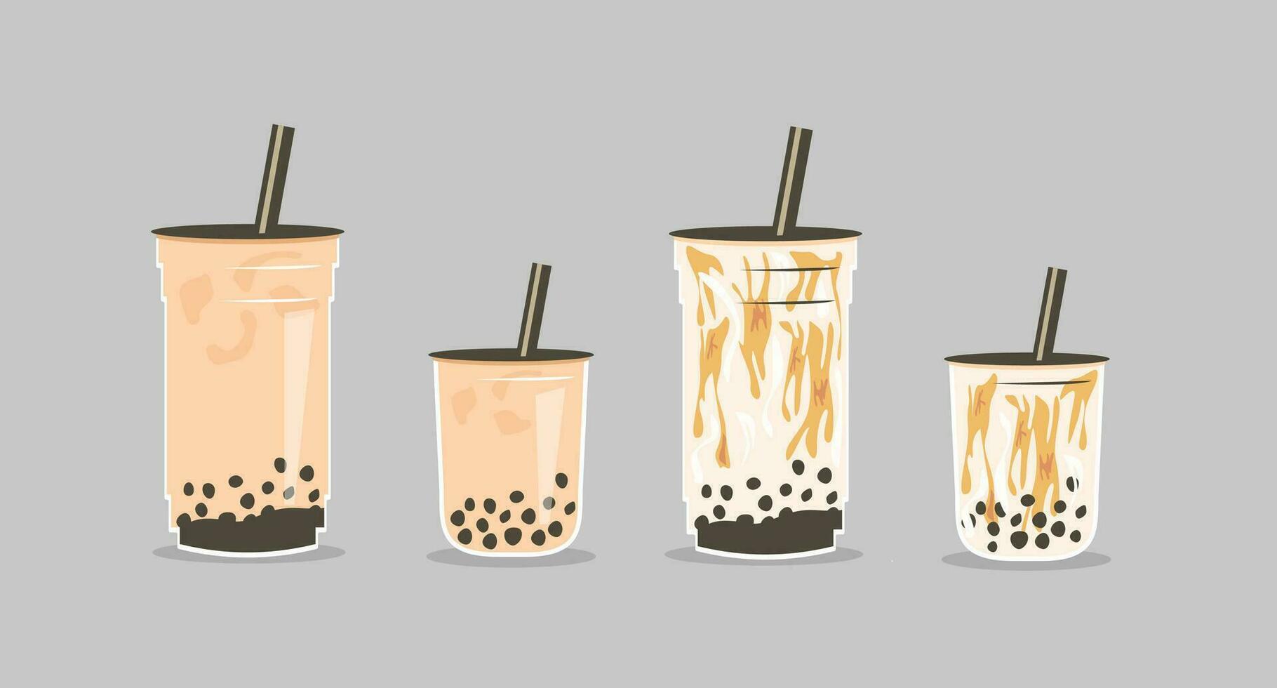 Set of famous Taiwanese beverage. Take away glass of brown sugar bubble tea and pearls milk tea in two sizes small, medium and large cup. Vector illustration for street asian drinks at night market.