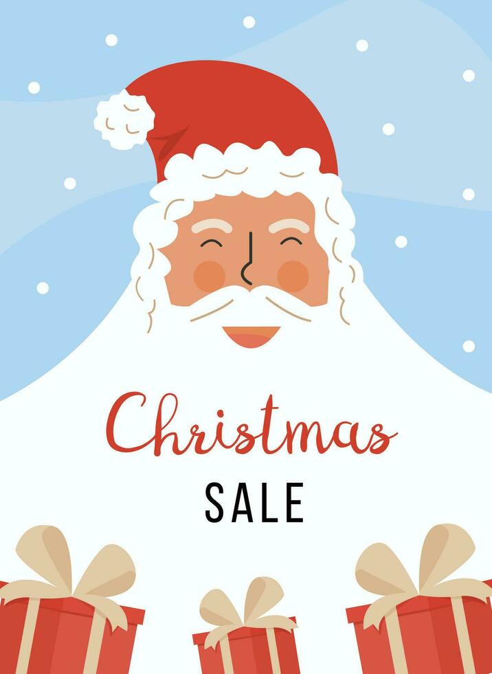 Greeting card. Cute Santa Claus face flat vector illustration. Traditional festive winter Xmas holiday sale banner design. New year symbol and christmas typography on blue snowing background.