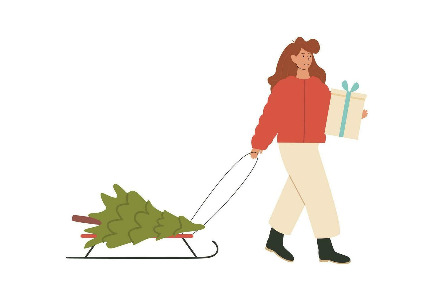 joven mujer caminando y que lleva un trineo con abeto Navidad árbol y que lleva un regalo. preparación para invierno vacaciones. Navidad justo. personaje aislado en blanco. vector ilustración.