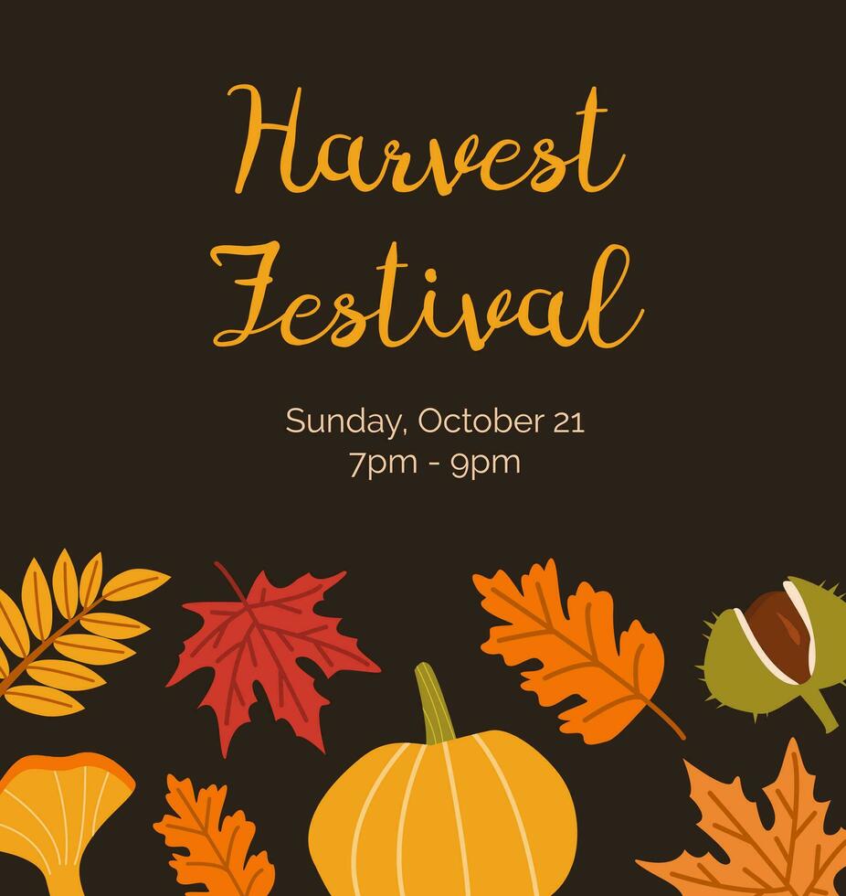 Harvest Festival invitation poster flat vector templates. Botanical banner layouts. Leaves, chestnut, pumpkin and branches with place for text. Fall season event dark background designs.