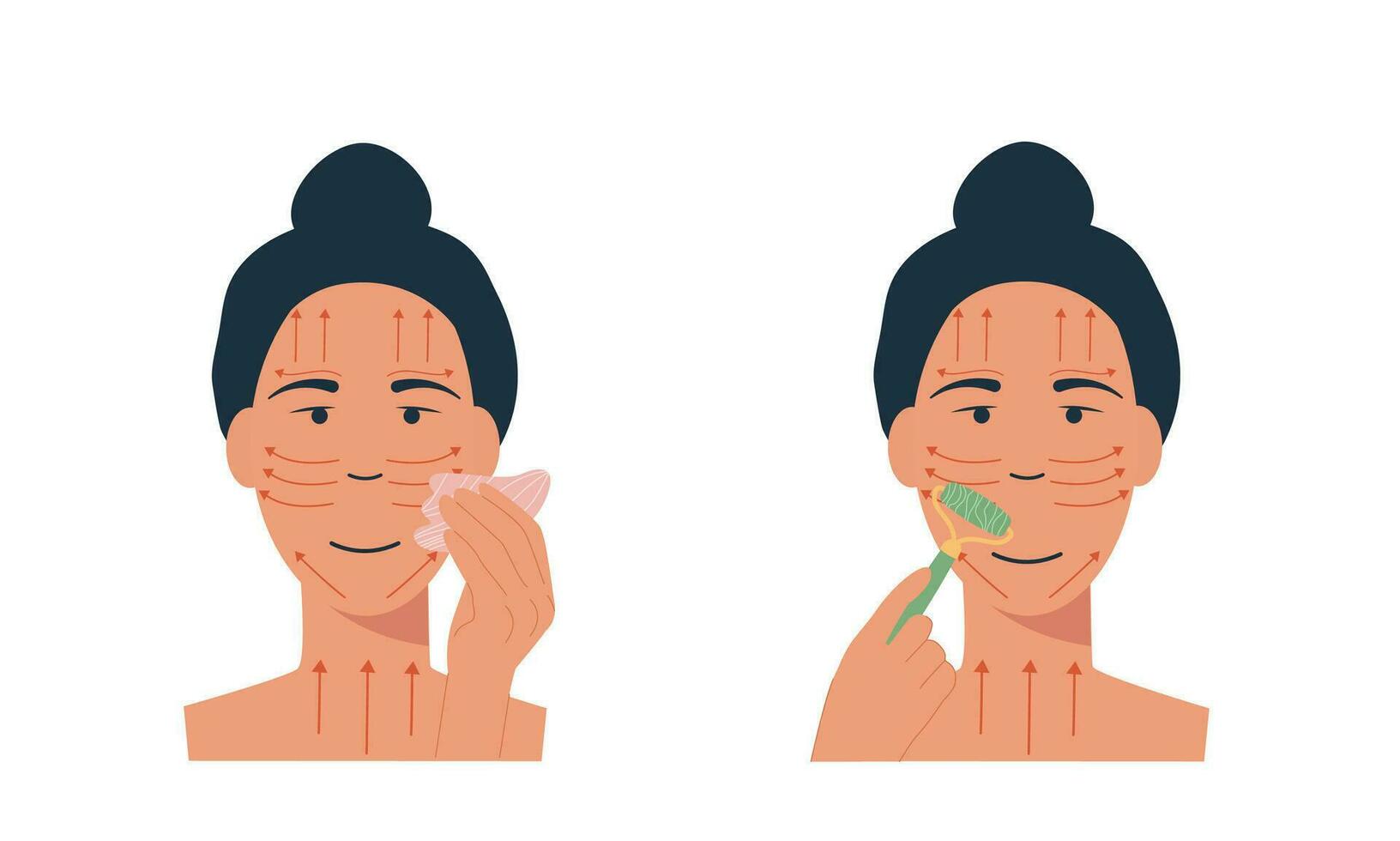 Woman with jade face roller and gua sha stone scraper. Facial yoga. A girl massaging her face. Acupuncture anti-aging traditional chinese medicine self care method. Vector flat illustration on white.
