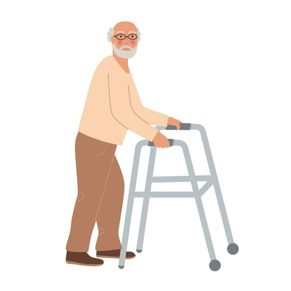 Grandpa standing with paddle walker. Retired elderly senior age man disabled and walking with assistance. Flat vector illustration on white background.