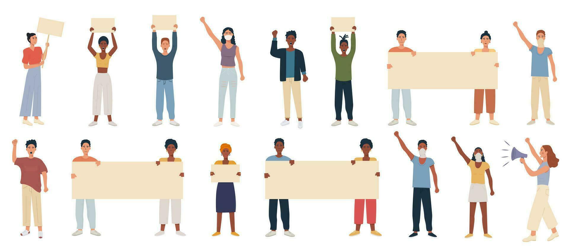 Big collection of protesting multicultural people holding blank placard banner for text. Hand fist raised up. Protest of diversity of different nationality people. Flat vector illustration.