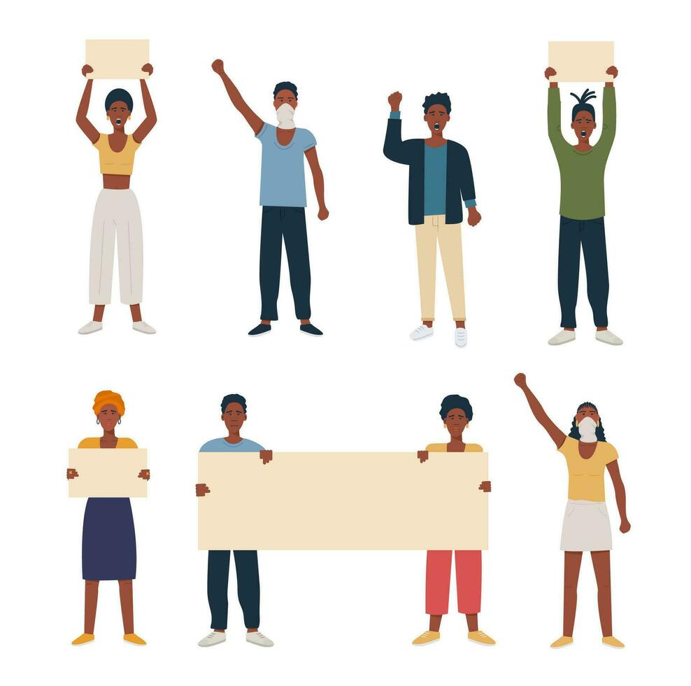 Set of black african american people protesting, manifesting, strike holding banners placard and hand fist raised. Collection of male female characters for march demonstration. Vector flat isolated