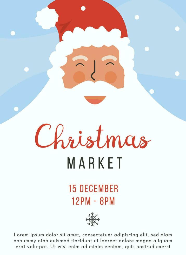 Invitation card for Christmas Market. Xmas fair event advertising banner. Santa Claus face flat vector illustration. Traditional festive winter holiday. Flyer on snowing background with place for text