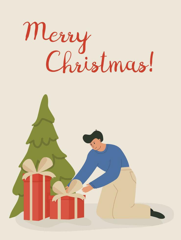 Happy man preparing for holiday celebration. A dad or husband putting gifts under Christmas tree. Winter holiday celebration. Present giving, Xmas tradition. Vector illustration in flat cartoon style.