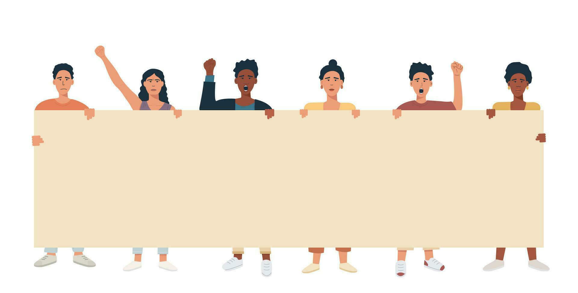 A group of people mix race multicultural holding big banner and protesting. Protesters with blank placard for text announcement or ad. Vector flat illustration.