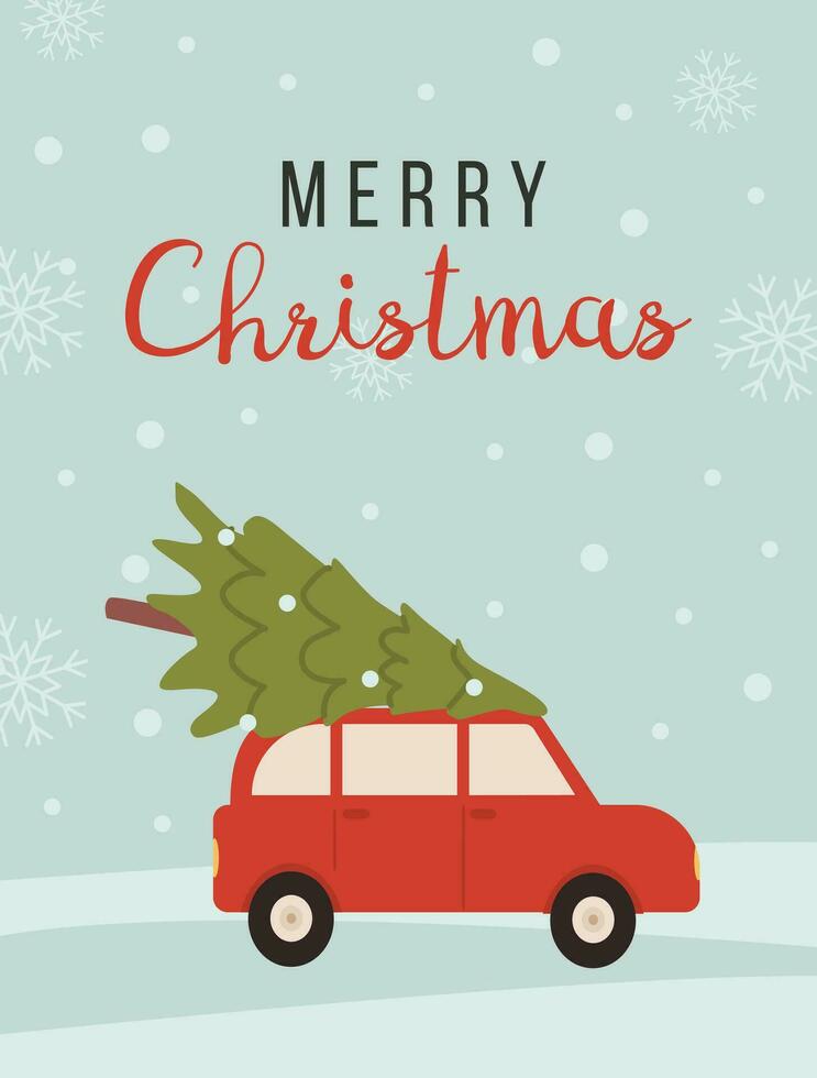 Merry christmas and happy new year time cartoon illustration. Vintage greeting card with red car and xmas tree and caption on background with snowflakes. Postcard for winter holidays. Vector. vector