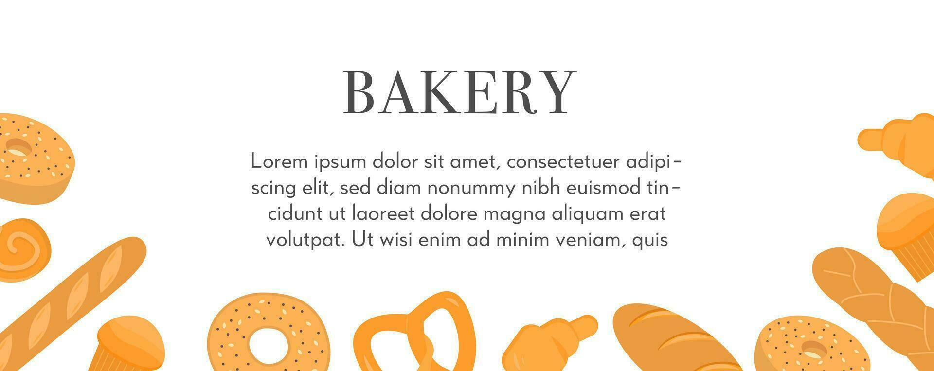 Banner template with various types of breads, delicious natural baked goods or sweet homemade pastry. Vector illustration for advertisement. Flyer design for bakery, restaurant menu or home bread.