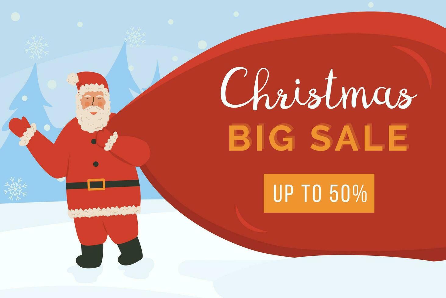 Xmas sale banner with cute waving Santa carrying big gifts bag on winter background. Claus with a huge bag on the run to delivery christmas gifts at snowfall. Vector illustration. Ad or announcement.