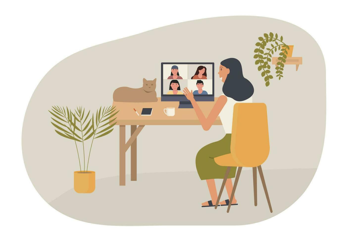 Concept of video call conference. A woman chatting with her friends or colleague at home at desk. A cat laying on the table. Online chat using the video app on computer. Vector flat illustration.