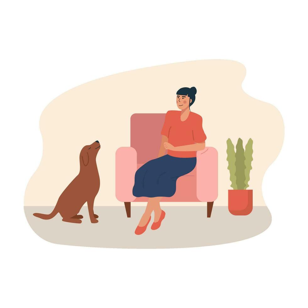 Happy pet owner sitting on armchair and her dog looking at her. Woman at home with her pet. Cute smiling young girl sitting on comfy sofa. Spending time at home with domestic animals. Illustration. vector