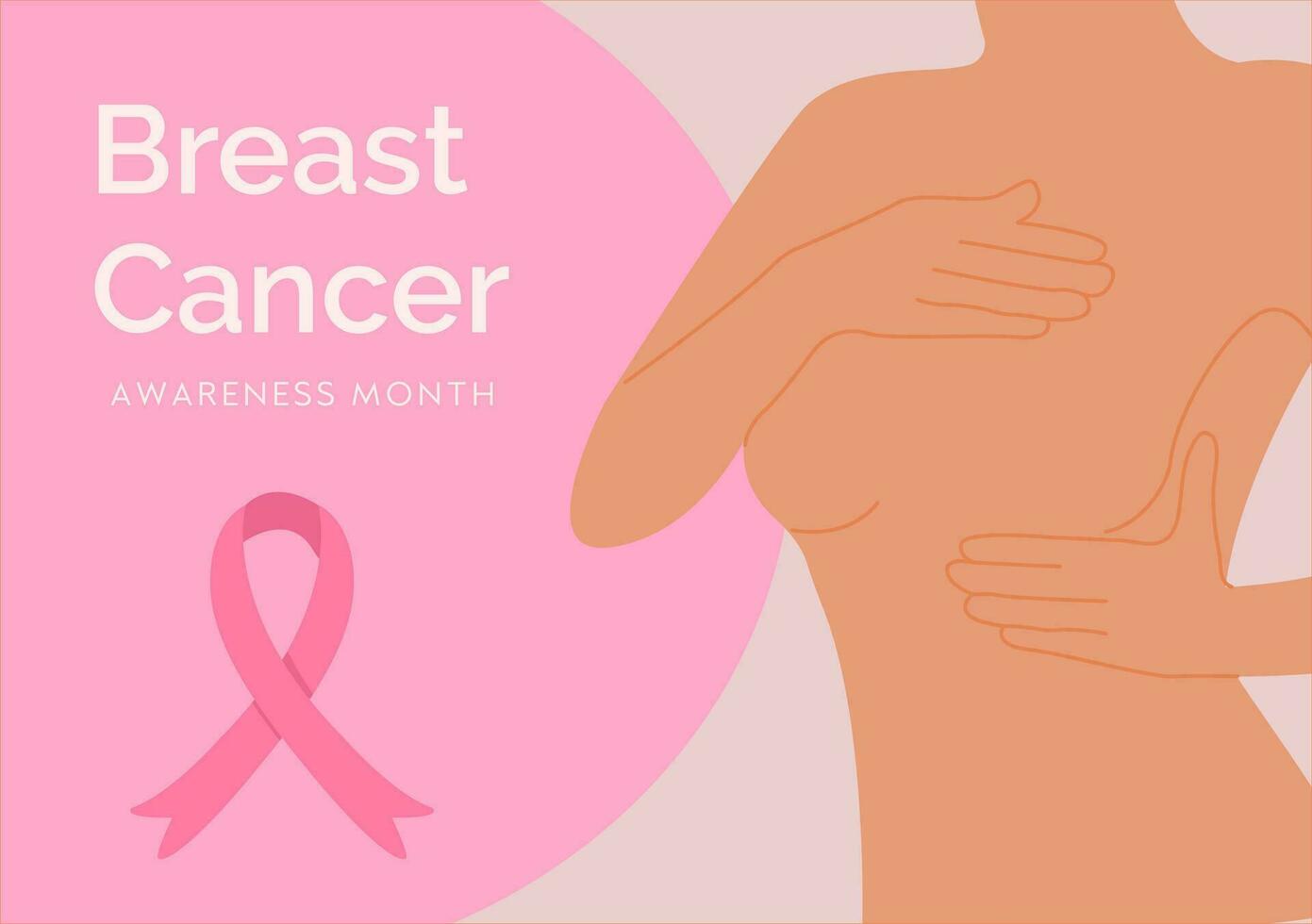 Pink banner with woman silhouette. Self Check For Breast Cancer. Awareness month with pink cartoon ribbon. Mammary cancer campaign vector illustration with typography.