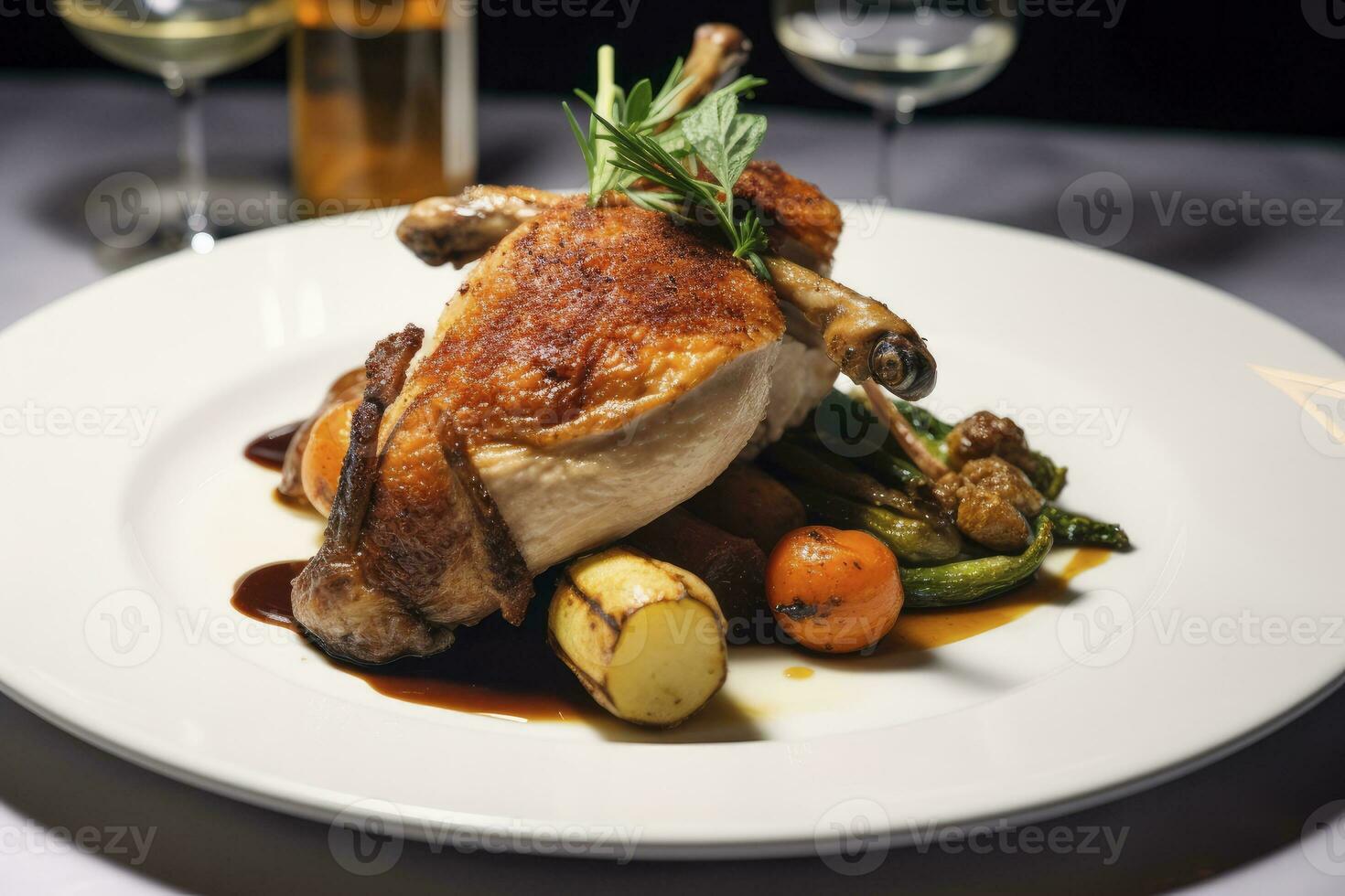 AI generated Plated chicken roast dinner on a white plate with carrot and morel mushroom. AI Generated. photo
