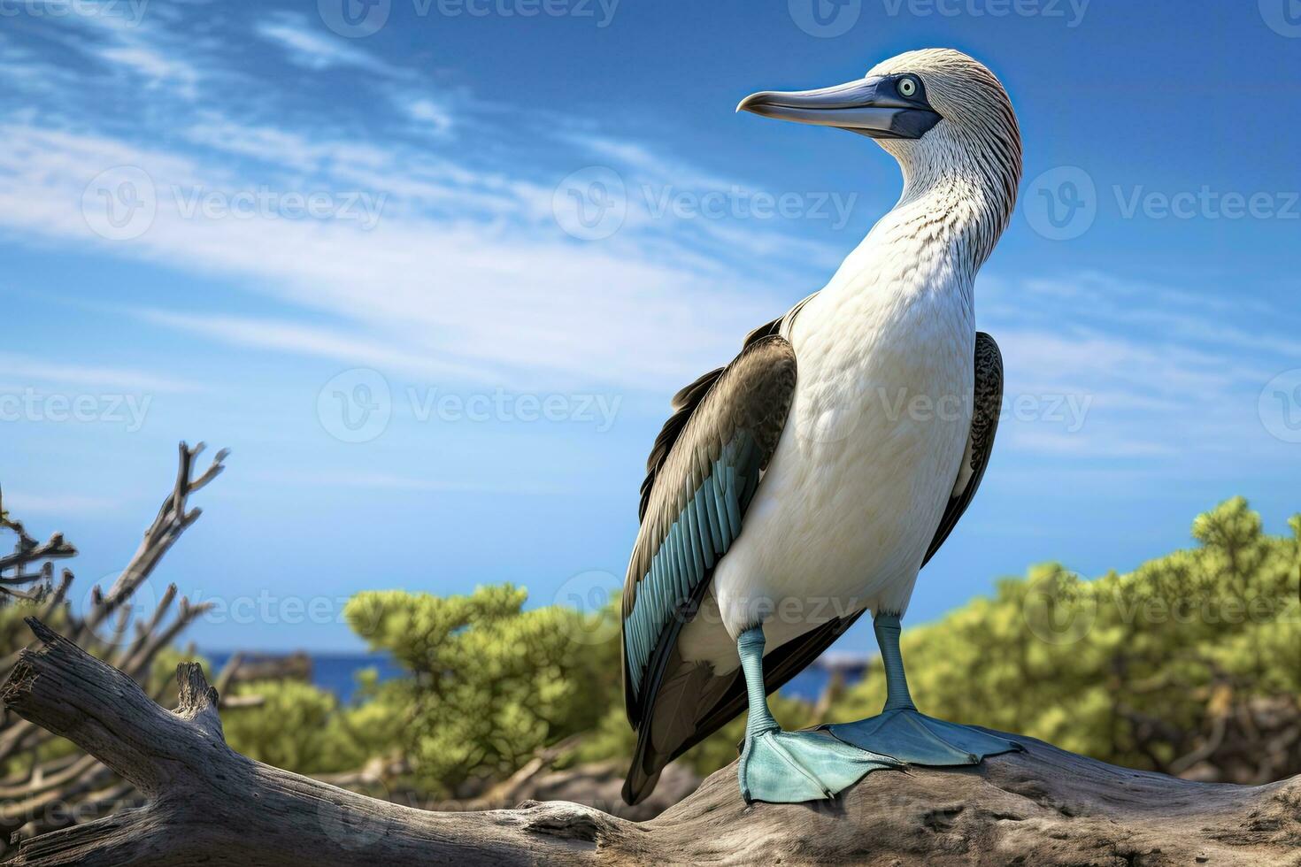 AI generated The rare blue-footed booby rests on the beach. AI Generated photo