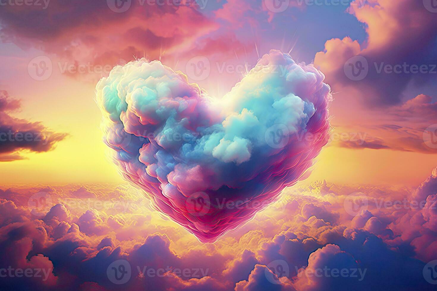 AI generated Beautiful colorful valentine's day heart in the clouds as abstract background. AI Generated photo