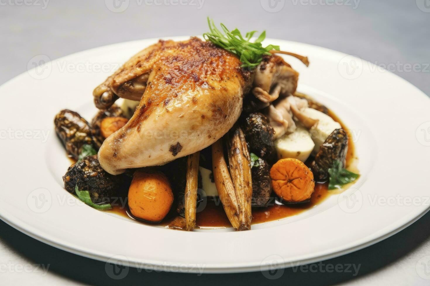 AI generated Plated chicken roast dinner on a white plate with carrot and morel mushroom. AI Generated. photo
