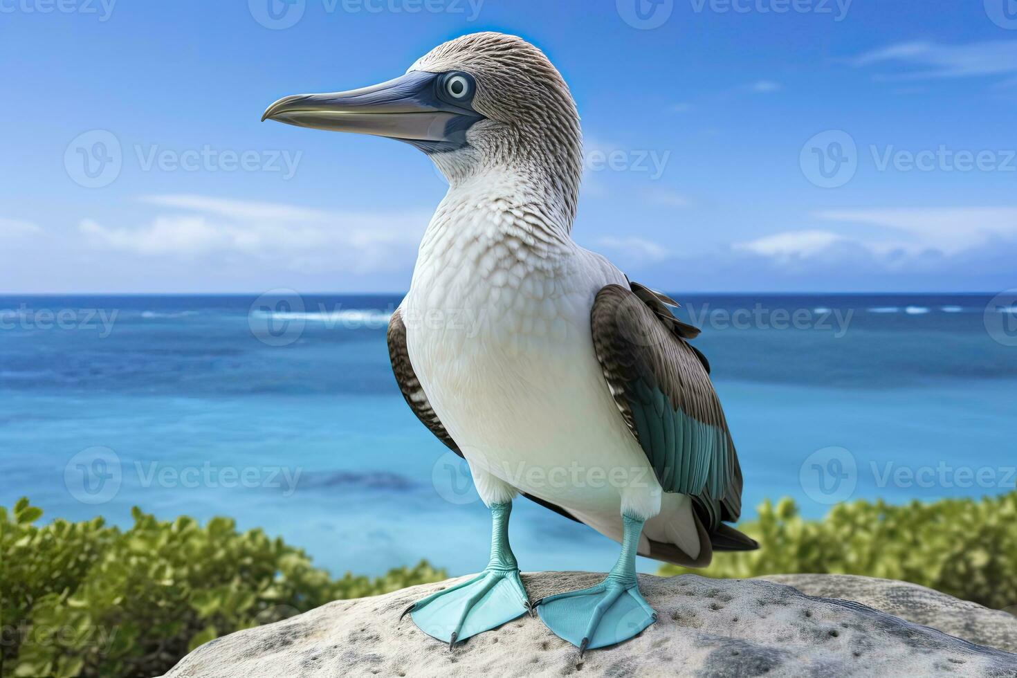 ai generado el raro patas azules bobo descansa en el playa. ai generado foto