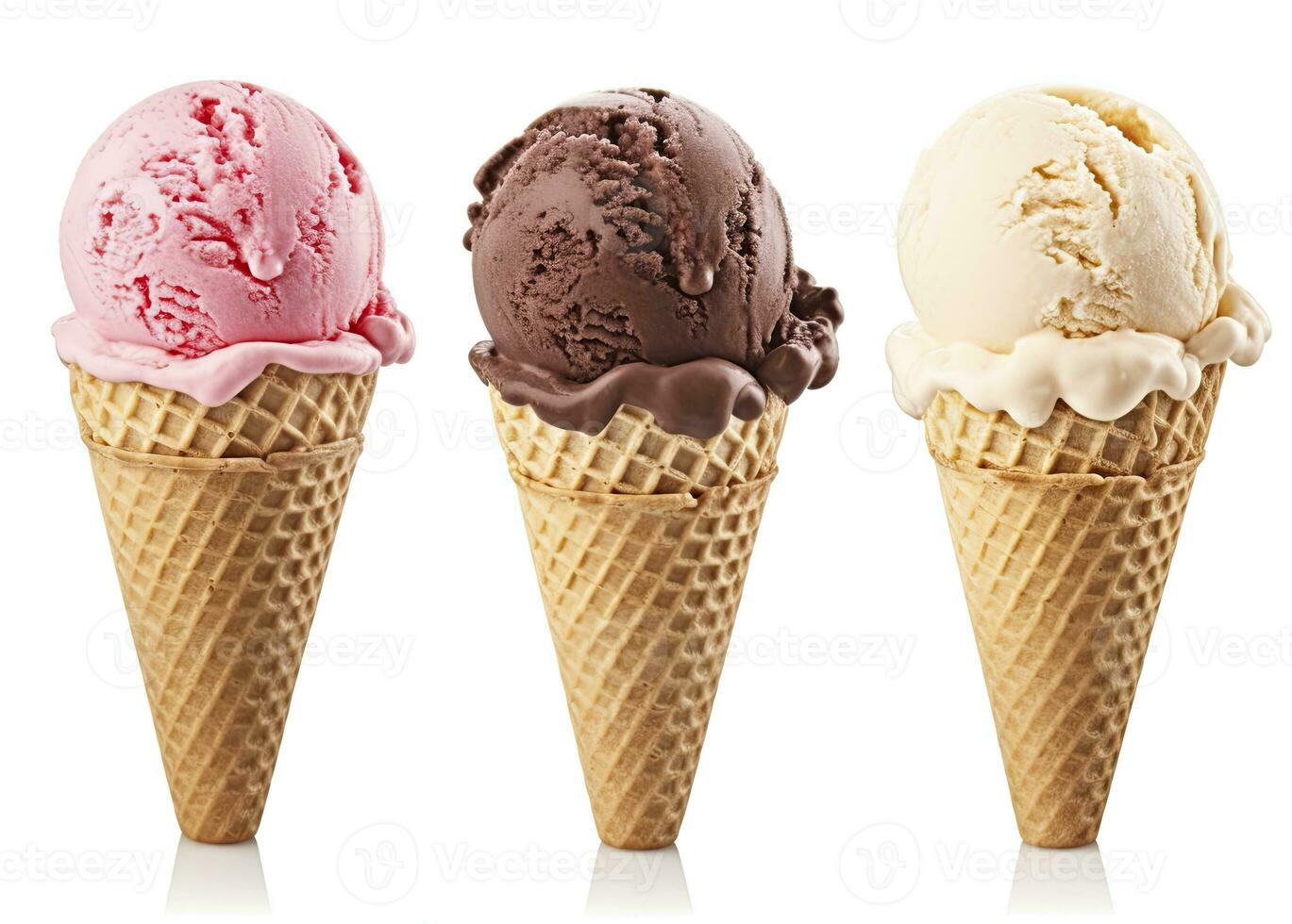 AI generated Chocolate, vanilla and strawberry Ice cream in the cone on white background. AI Generated photo