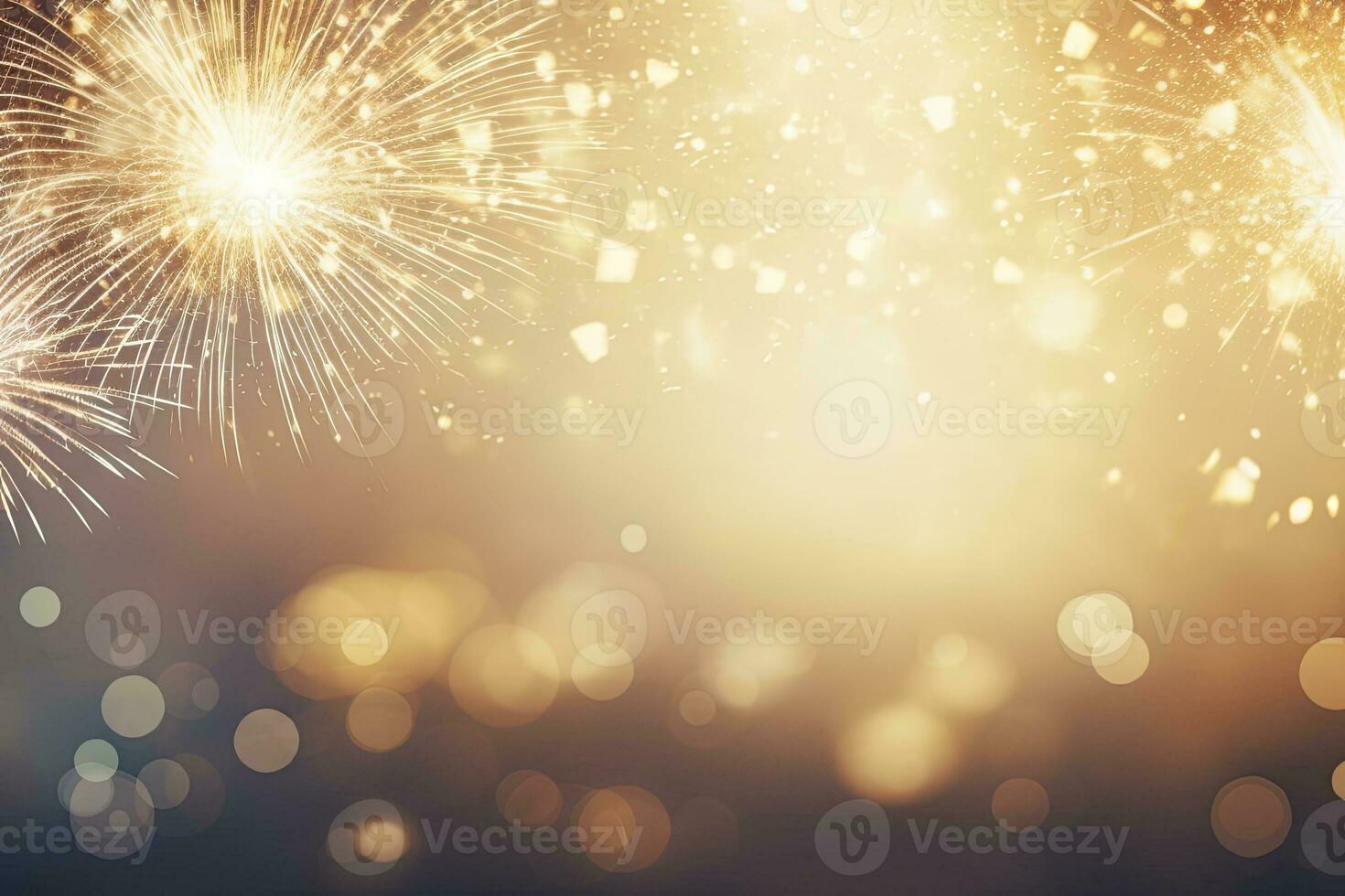 AI generated Gold Vintage Fireworks and bokeh on New Year's Eve and copy space. AI Generated photo