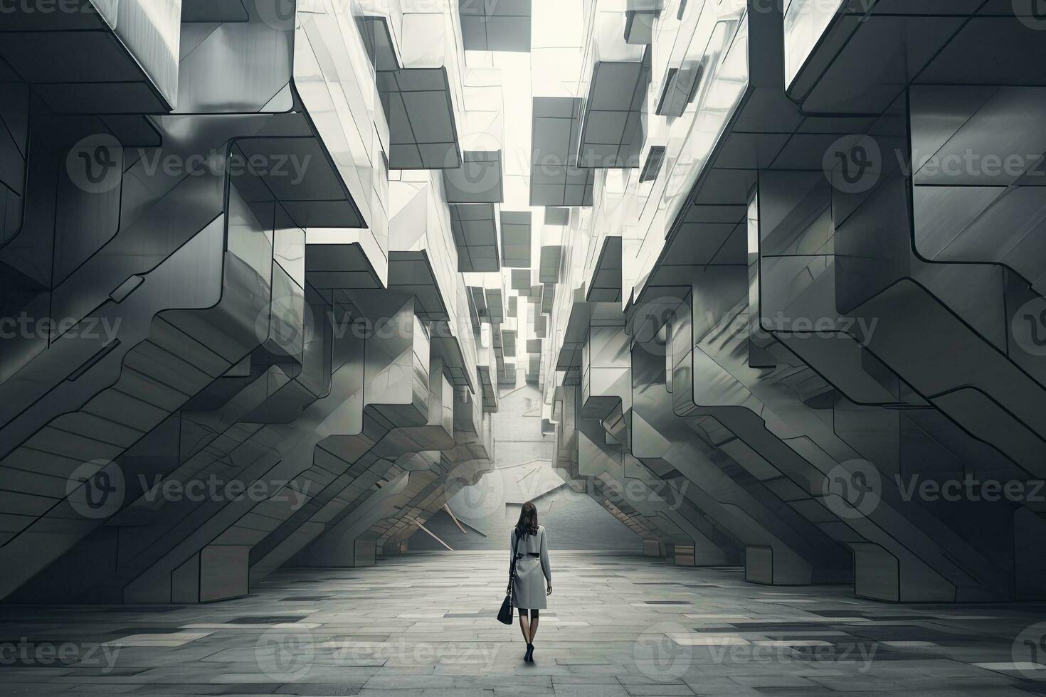 AI generated Woman walking in futuristic brutalist city street.  AI Generated. photo