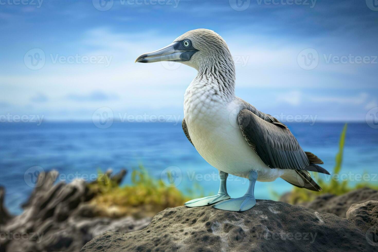 AI generated The rare blue-footed booby rests on the beach. AI Generated photo